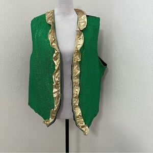 Vesuvio Napoli Italy Mens Large Open Vest Green with Gold Ruffled Party Rare EUC